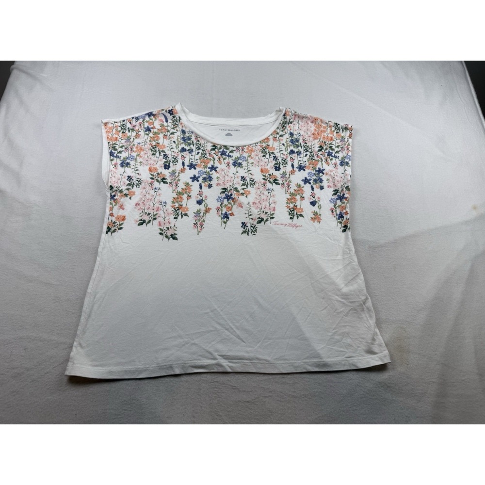 Tommy Hilfiger Womens Floral Print White Tee L Cotton Modal Blend
